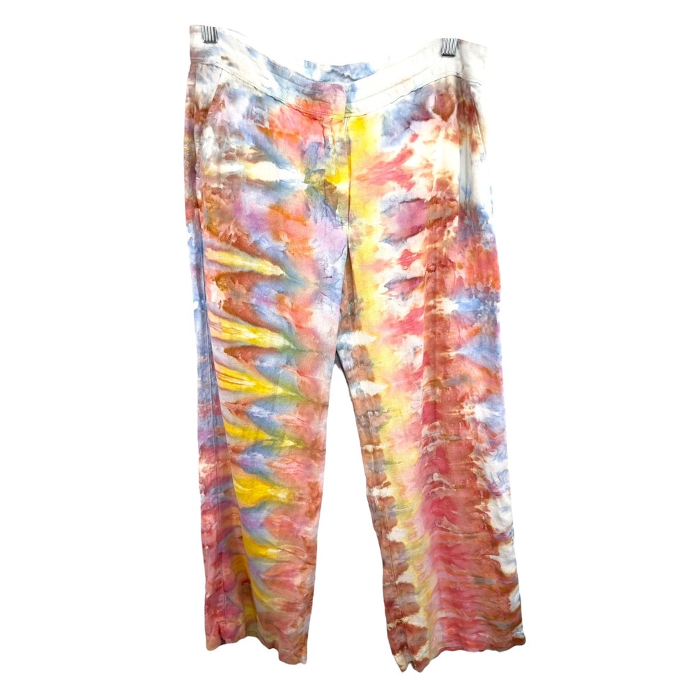 Chicos Size 10 Linen Pants‎ Handmade Tie Dye Wide Leg  Orange Yellow Blue 930